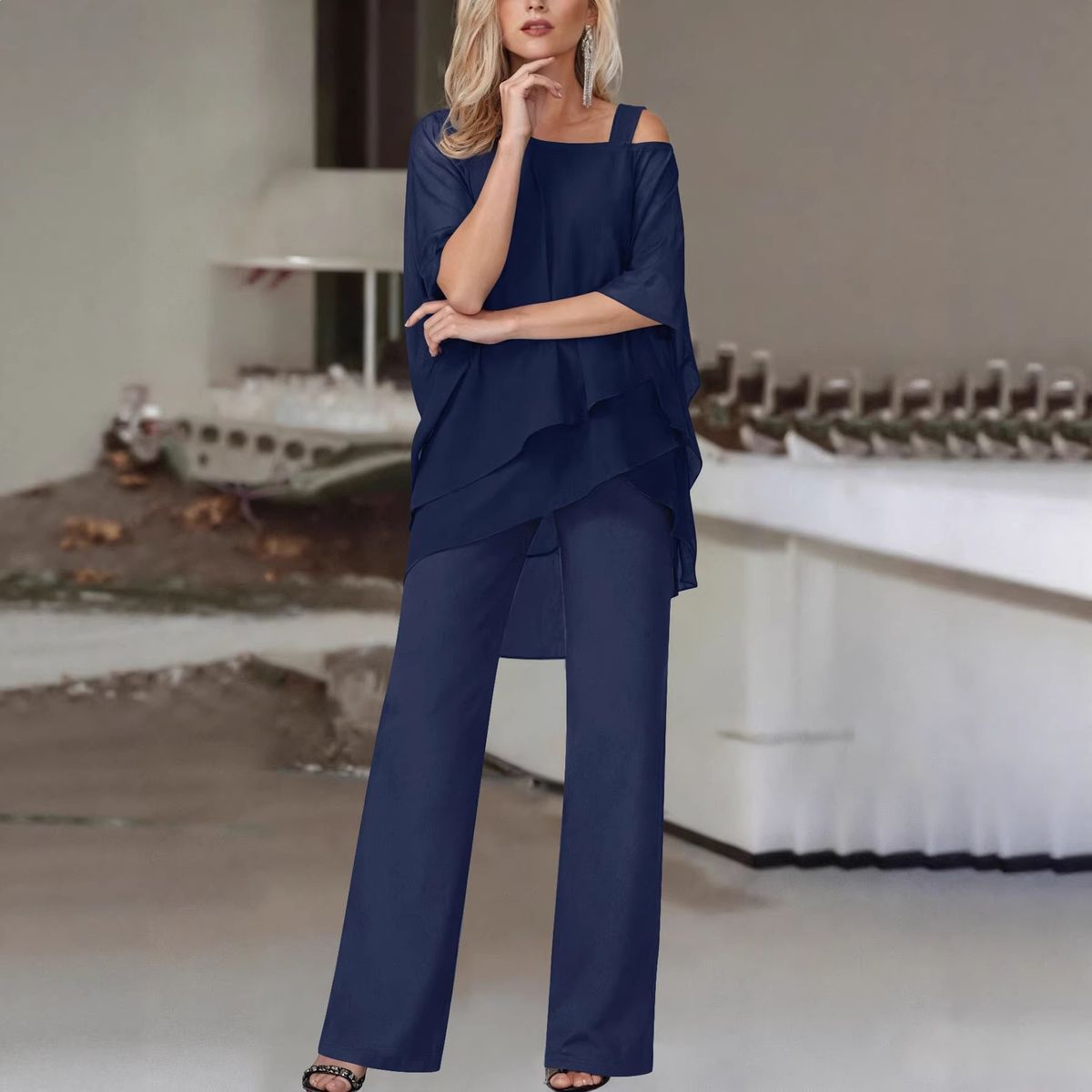 Elegant Asymmetrical Off-Shoulder Top Wide-Leg Pants Set Batwing Sleeve Two-Piece Outfit for Women Chic Party Wear_ecoleips.com