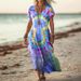 Creative Floral Women's Summer V-Neck Short Sleeve Dress, Mid-Length Dress_ecoleips.com