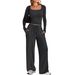 Women's Fashion Casual Solid Color Square Neck Long Sleeve Top And Wide Leg Pants Two Piece Set Spring/Autumn Sportswear_ecoleips.com