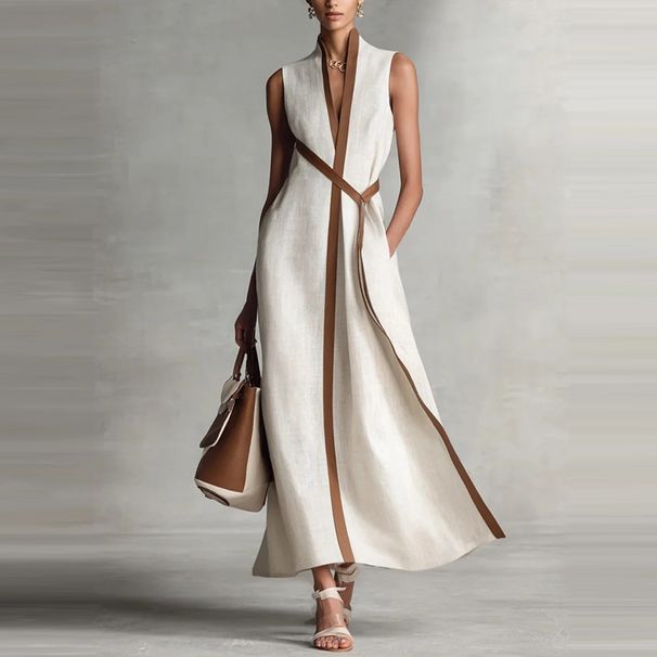 Summer Elegant V-neck Lace-Up Waist Maxi Dress Fashion Color Block Draped Long Dress Casual Sleeveless Cotton Linen Party Dress_ecoleips.com