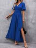Women's Elegant High-Slit Maxi Dress with Flutter Sleeves And Smocked Back Stretchy Rayon Blend Black Caramel Navy S 2XL_ecoleips.com