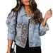 Women's Distressed Leopard Print Denim Jacket Button Down Washed Long Sleeve Ripped Cheetah Design_ecoleips.com
