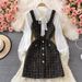 Women's temperament bow tie shirt two-piece suit tweed plaid suspender dress_ecoleips.com