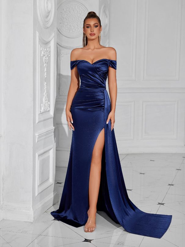 European And American Foreign Trade Hot-Selling Strapl Solid Color Off-Shoulder Sexy Slit Slim Evening Gown_ecoleips.com