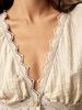 2026 Spring New Beige Cotton Crochet Cardigan Women's V-neck Lace Splicing Bubble Sleeves Bohemian Short Top_ecoleips.com