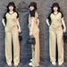 Women's Summer Fashion High Waisted Wide Leg Pants Set Color Block Heart Print Short Sleeve Top And Pants Two Piece Outfit_ecoleips.com