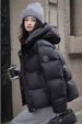 "Women's Cropped Puffer Jacket With Hood - 55% White Duck Down Coat, Oversized Sleeve Logo Design For Casual & Couple Styling_ecoleips.com