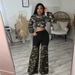 Women's Clothing Urban Camo Streetwear Set - Cropped Long Sleeve Top & Distressed Denim Pants With Chain Accents (4 Sizes, Military Green)_ecoleips.com