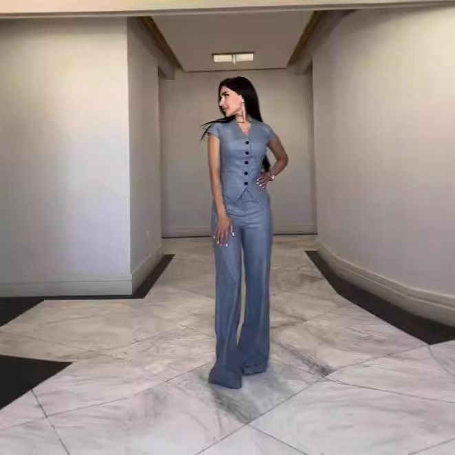 Women's High-End Pure Color Sleeveless V-Neck Top With Casual Straight Pants Spring/Autumn_ecoleips.com