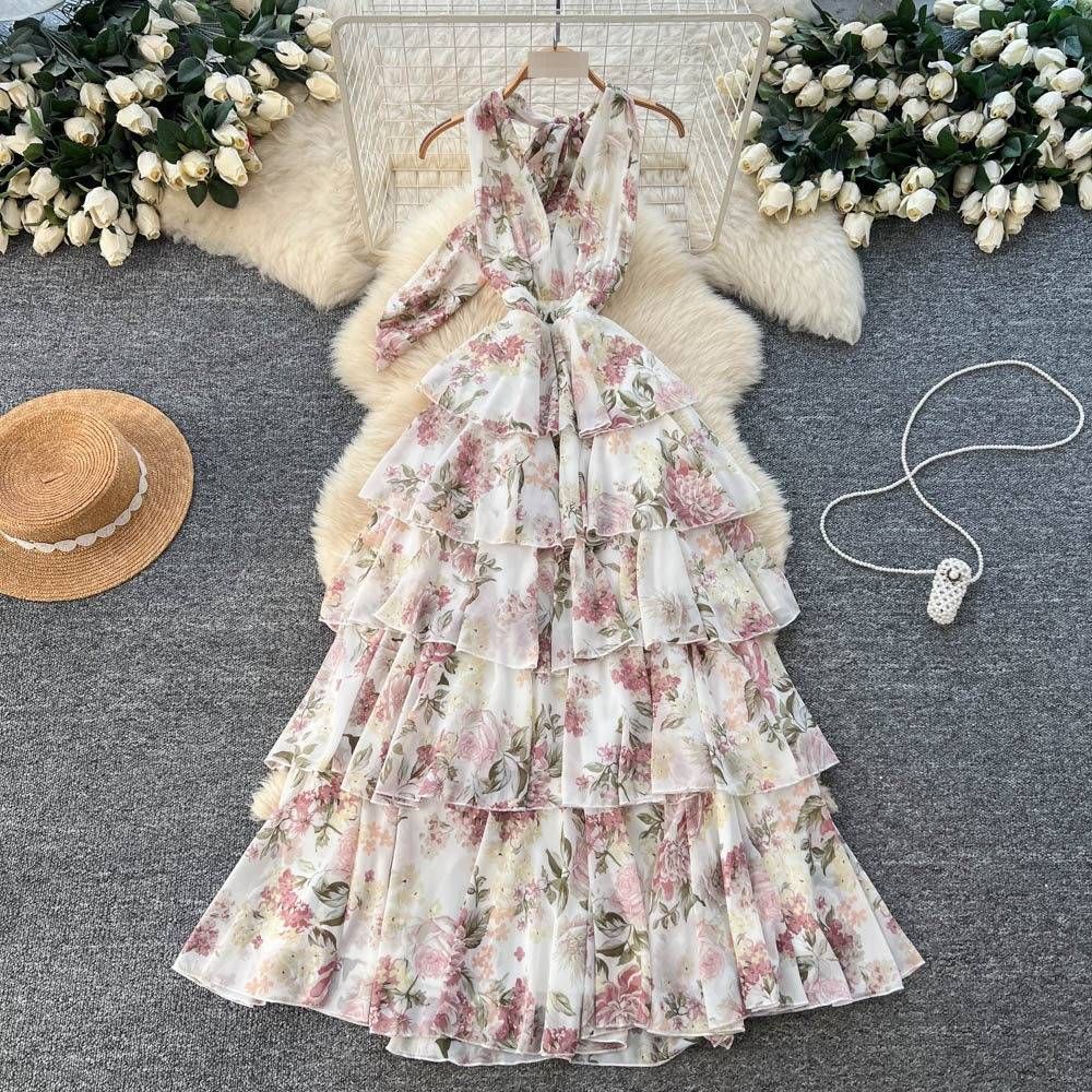 Women's Floral Halter Neck Sleeveless Dress Summer Vacation Style Tie Waist Slimming Ruffle Long Dress For Spring/Autumn_ecoleips.com