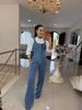 Women's Slim-Fit Denim Jumpsuit Strappy Wide-Leg Romper with Waist Accent_ecoleips.com