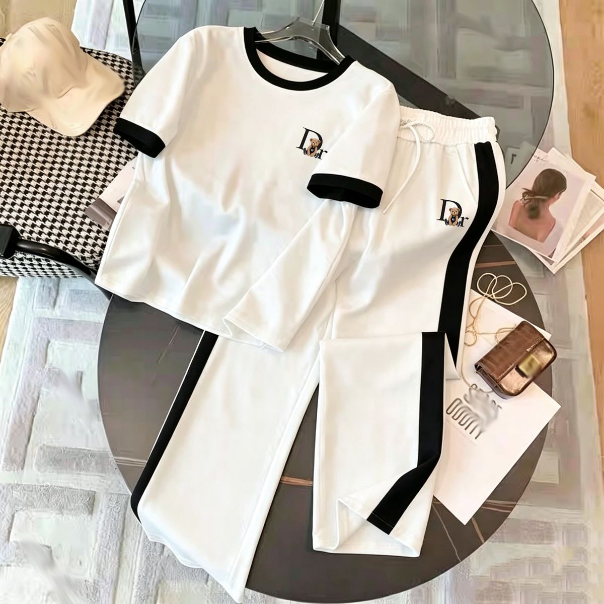 This Year's Hottest T-shirt Sets Women's Clothing 2026 Color-blocked T-shirt Two-piece Set, Casual, Everyday, Sporty, Trendy, Dr Bear Element._ecoleips.com
