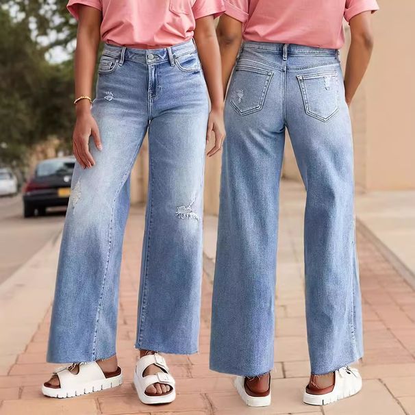 Women's Ripped Casual Loose Straight Leg Jeans Versatile Style Denim Pants_ecoleips.com