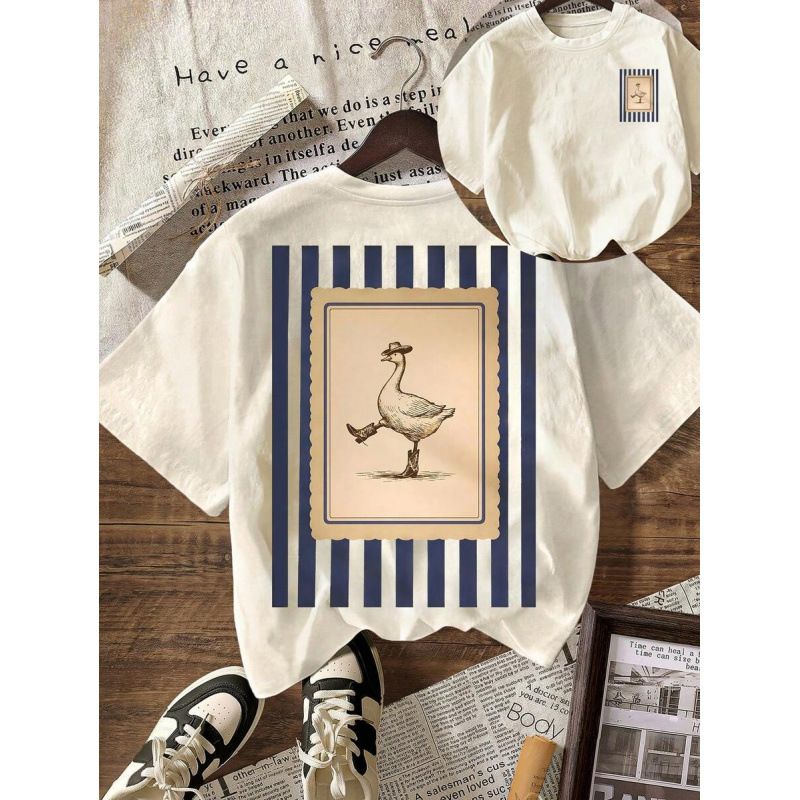 European Size Pure Cotton Comical Western Cowboy Goose Print Short Sleeve Casu_ecoleips.com
