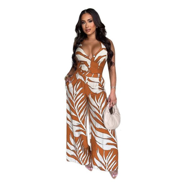 Women's Clothing Fashion Sexy Suit Printed Halter Neck Wide Leg Trousers Two Piece Suit_ecoleips.com
