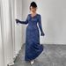 Women's Clothing Plus Size Clothes "Elegant V-Neck High Waisted Maxi Dress – A-Line Pleated Long Sleeve Dress For Women, Spring & Autumn Staple"_ecoleips.com