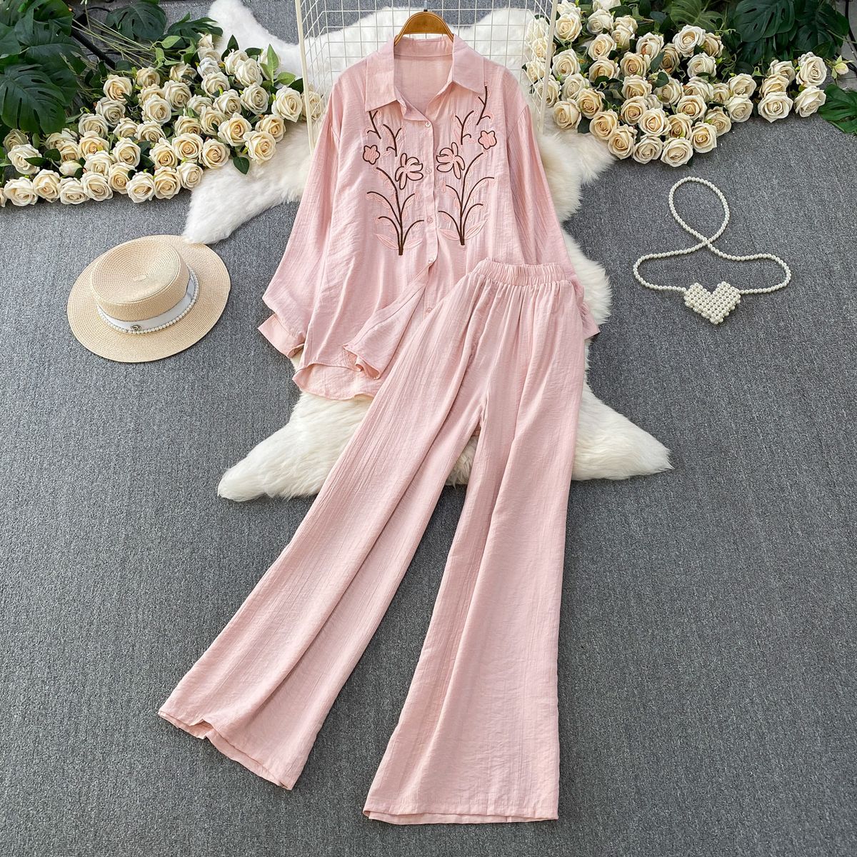 Women's French Style Two Piece Set Commuter Friendly Embroidered Collared Shirt And Slimming Wide Leg Pants Casual High Waisted Outfit_ecoleips.com