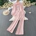 Women's French Style Two Piece Set Commuter Friendly Embroidered Collared Shirt And Slimming Wide Leg Pants Casual High Waisted Outfit_ecoleips.com