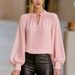 French Style Lantern Sleeve Blouse For Women - Elegant Tie Detail Office Shirt, Chic Ruffle Cuff Pullover Top_ecoleips.com