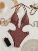 Women's Chocolate Brown Halter One-Piece Swimsuit Cutout Design Metal Ring Decor High Cut Bathing Suit For Beach Vacation_ecoleips.com