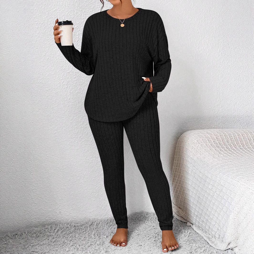 Women's Casual Ribbed Long Sleeve Top & Pants Set - Soft Stretch Polyester Blend, Comfortable Loungewear, Plus Size Available_ecoleips.com