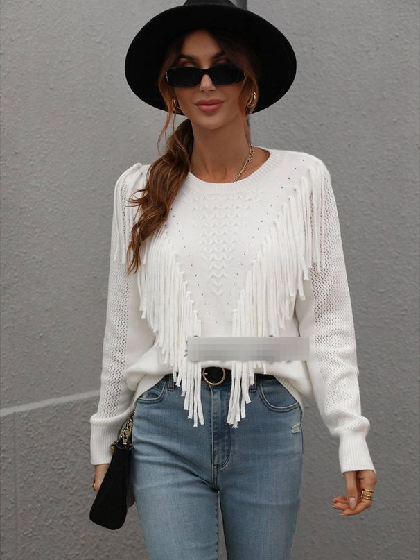 "Women's Loose Fit Solid Color Pullover Sweater, Soft Knit Tassel Detail Casual Comfortable Top For Everyday Wear_ecoleips.com