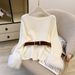 Women's Long Sleeve Knit Sweater With Fur Lined Sleeves Autumn/Winter Fashionable Casual Preppy Style Pullover For Office And Outerwear_ecoleips.com