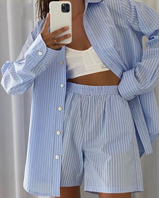 Women's Striped Long Sleeved Shirt High Waist Loose Shorts Casual Two-Piece SetFashion_ecoleips.com