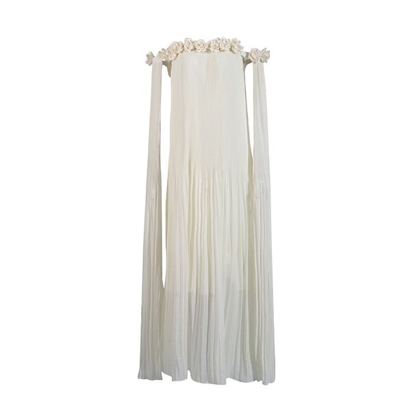 Women's Clothing dress new one shoulder three dimensional flower splicing off shoulder sexy long pleated skirt for women_ecoleips.com