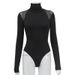 Women's Clothing High Neck Mesh Splicing Slim Elastic Temperament Long Sleeved Jumpsuit Tops_ecoleips.com