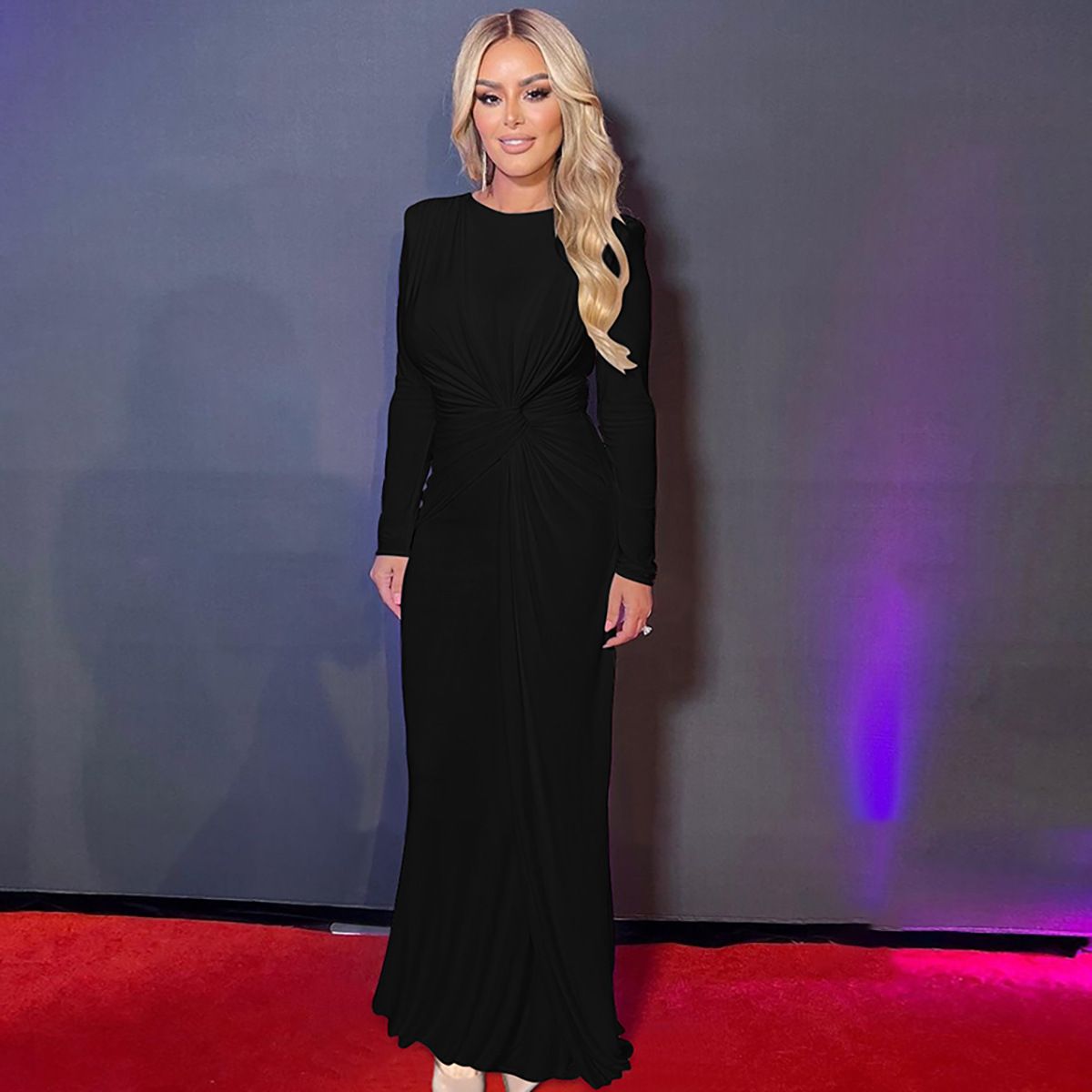 Women's Elegant Round Neck Long Sleeve Belted Lace Up Bodycon Maxi Dress – Party Evening Gown_ecoleips.com