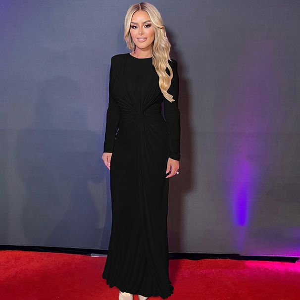Women's Elegant Round Neck Long Sleeve Belted Lace Up Bodycon Maxi Dress – Party Evening Gown_ecoleips.com