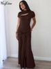 Hugcitar Elegant Turtleneck Solid Ruched Short Sleeve Hole Sexy Bandage Gown Maxi Dress Summer Vacation Clothings Party Club_ecoleips.com