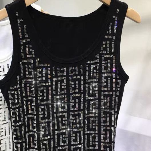 Women's Clothing Plus Size Rhinestone Vest Heavy Duty European Style Geometric Letter Print Slimming Black Inner Layer Top For Autumn And Summer_ecoleips.com