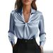 Women's Clothing Elegant V-Neck Twist Front Blouse – Light Blue Satin Shirt With Draped Knot Detail, Long Sleeve Retro Office Wear (S/M/L/XL)_ecoleips.com
