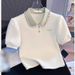 Women's Clothing Slim Fit Polo Collar T-Shirt Rhinestone Embellished Short Sleeve Summer Top Unique Design Heavy Duty New Style_ecoleips.com