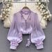 French Court Style High-End Mesh Blouse for Women with Satin Design Ribbon Long Sleeves Unique And Beautiful Autumn Top_ecoleips.com