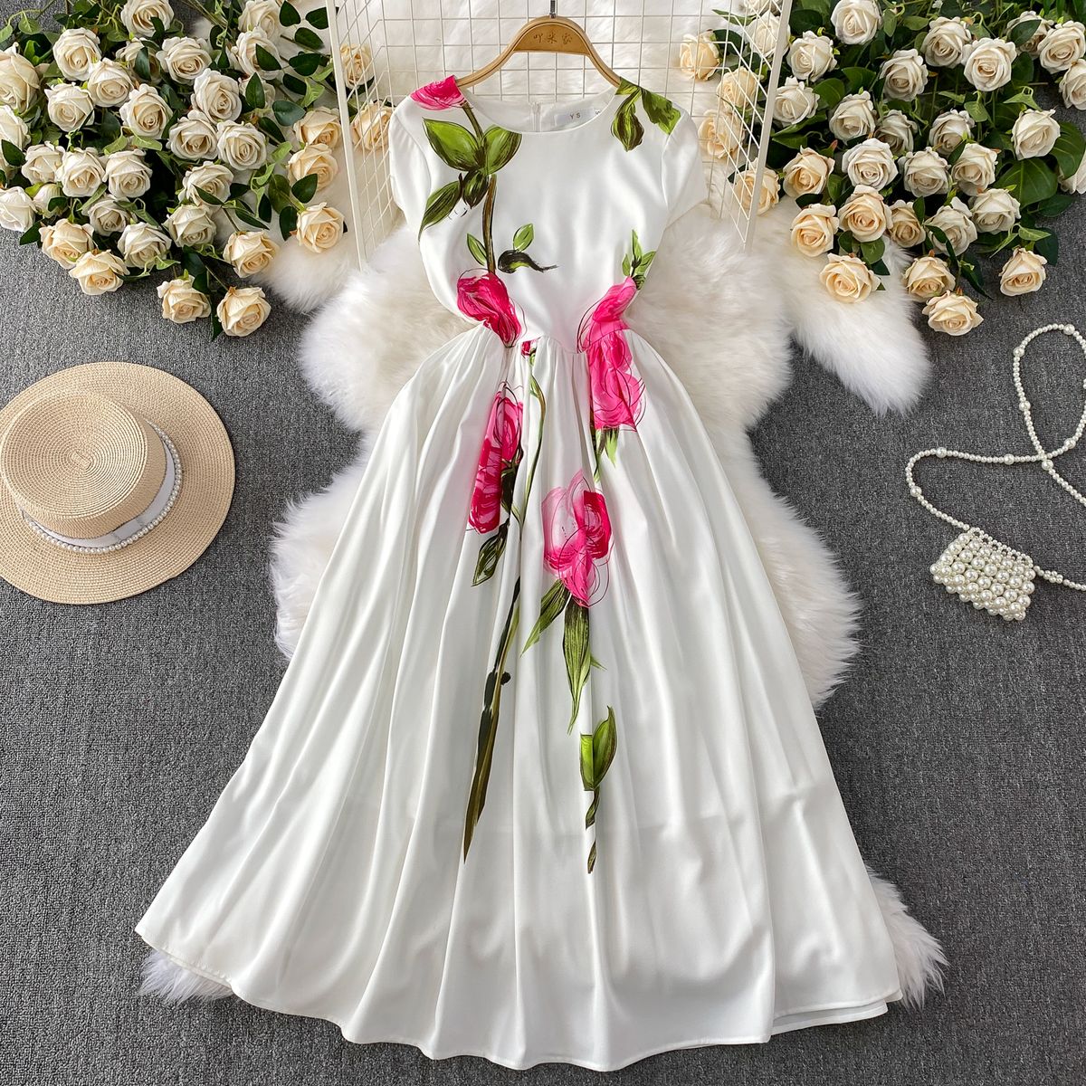 French Style Women's Vintage Dress Pink Floral Slim Fit Waist Defining Full Skirt Youthful Long New 2025_ecoleips.com