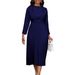 Women's Clothing Elegant Long Sleeved Pleated Solid Color Elegant Autumn Long-Sleeve Pleated Midi Dress | Belted Office Dress With Flowy Skirt_ecoleips.com