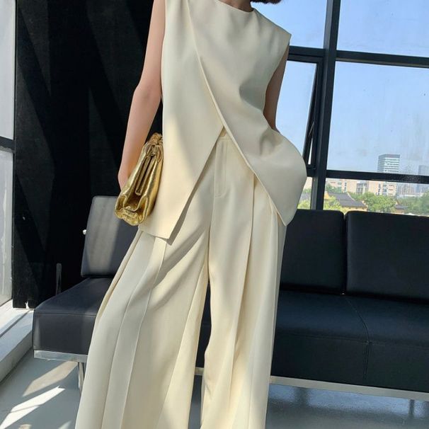 Women's Clothing Fashion Casual Two Piece Women's Summer New Irregular Sleeveless Vest Top High Waist Wide Leg Pants Suit Trendy_ecoleips.com