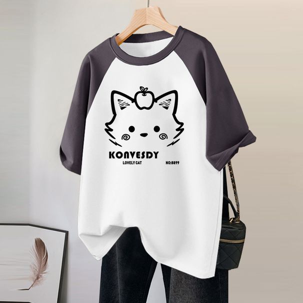 Summer New Style Women's T-Shirt Pure Cotton Short Sleeve Casual Fashionable Versatile Age Reducing Raglan Sleeve mid Length Top_ecoleips.com