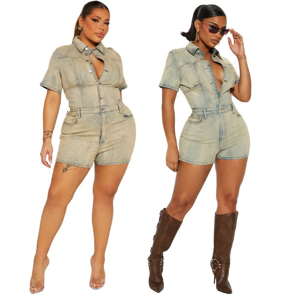 Women's High-Waisted Stretch Denim Jumpsuit – Slimming Short-Sleeve Romper With Washed Finish (Light Blue/Yellow, S-2XL)_ecoleips.com