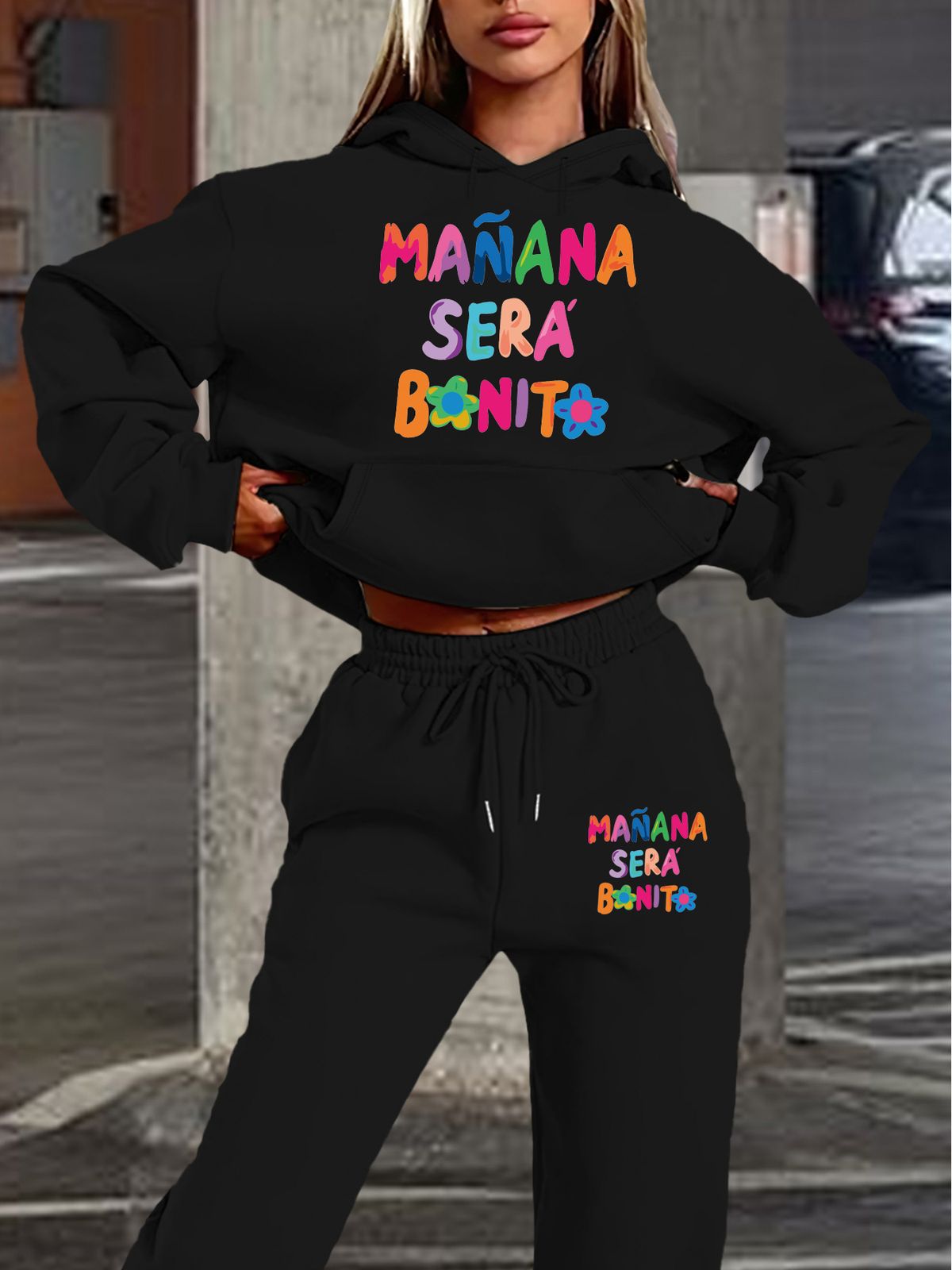 Women's Autumn And Winter Fashionable Casual MANANA Pattern Printed Thick And Plush Warm Hooded Sweatshirt+sports Pants Set-767_ecoleips.com