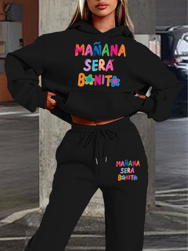 Women's Autumn And Winter Fashionable Casual MANANA Pattern Printed Thick And Plush Warm Hooded Sweatshirt+sports Pants Set-767_ecoleips.com