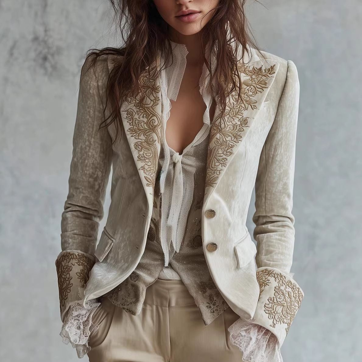 Women's Velvet Blazer Long Sleeve Printed Lapel Flared Cuffs With Pockets Fashion Outerwear_ecoleips.com