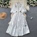 Women's Clothing French Retro Court Style Dress Beaded Lapel Lantern Sleeves Three Dimensional Floral Mesh Long Autumn_ecoleips.com