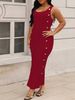 Plus-size Elegant Dress, Solid Color, Slim Fit, Sleeveless, Sexy Low Neckline, Slit, And Button-down Details. Suitable For Everyday Wear, Casual Outings, Dates, And Parties._ecoleips.com