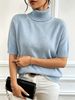 Women's New Spring And Autumn Casual Minimalist Style High-neck Short-sleeved Knit Base Layer Top, Light Blue, Soft And Loose, Versatile And Elegant Top._ecoleips.com