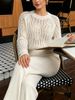 Lightweight Airy Leaf Hollow Out Crew Neck Loose Long Sleeve Knit Top_ecoleips.com
