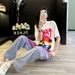 Women's Clothing Fashion Suit Summer, Loose Sportswear, Internet Celebrity Street Style, Short Sleeved T Shirt, Denim Straight Pants, Two Piece Suit_ecoleips.com